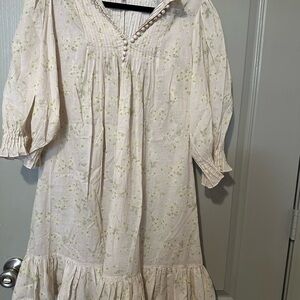 Floral Cream Rebecca Taylor Peasant Adela Cotton Voile Dress Quarter Sleeve L